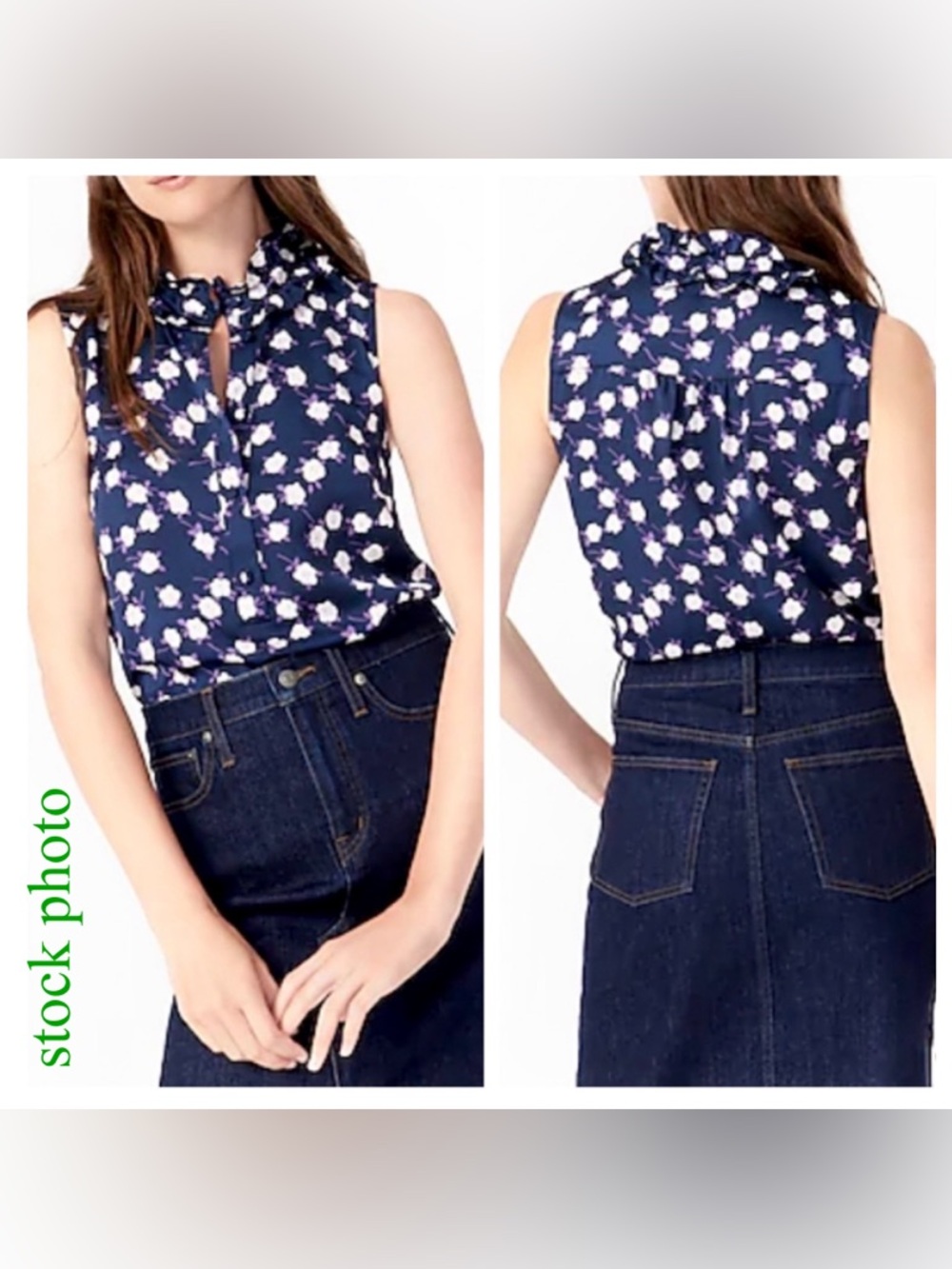 JCrew JCREW Navy Violet Purple White Floral Ruffle Neck Sleeveless Top Blouse